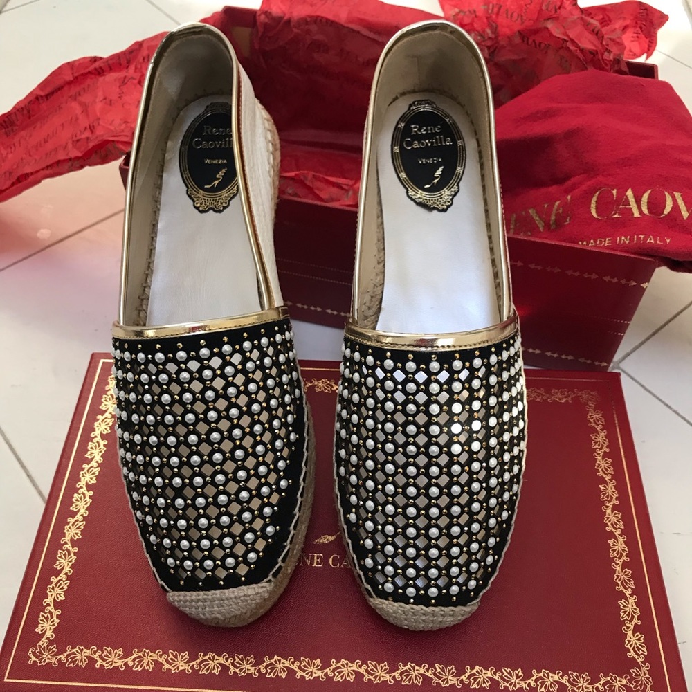 RENÈ CAOVILLA IMITATION PEARL SUEDE ESPADRILLES 39